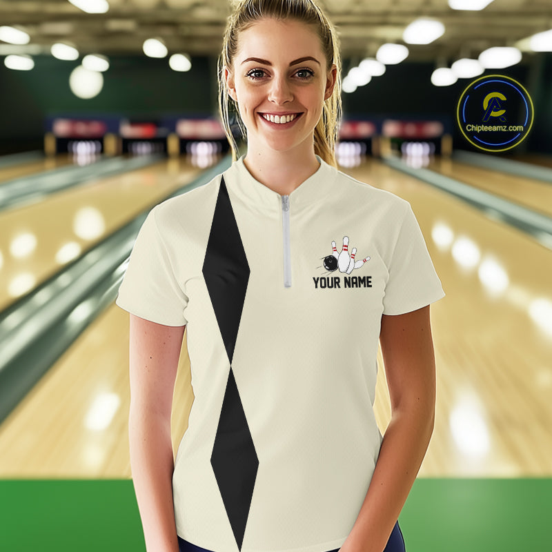 Personalized Retro Bowling Polo, 1/4 Zip Shirt For Women custom vintage bowling team jersey | Beige NQS11015