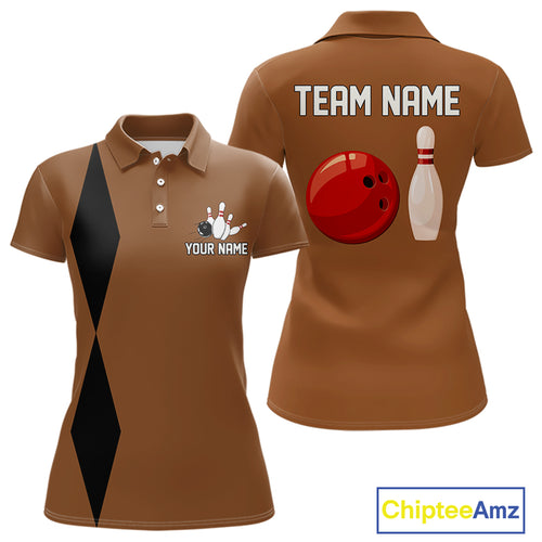 Personalized Retro Bowling Polo, 1/4 Zip Shirt For Women custom vintage bowling team jersey | Brown NQS11016