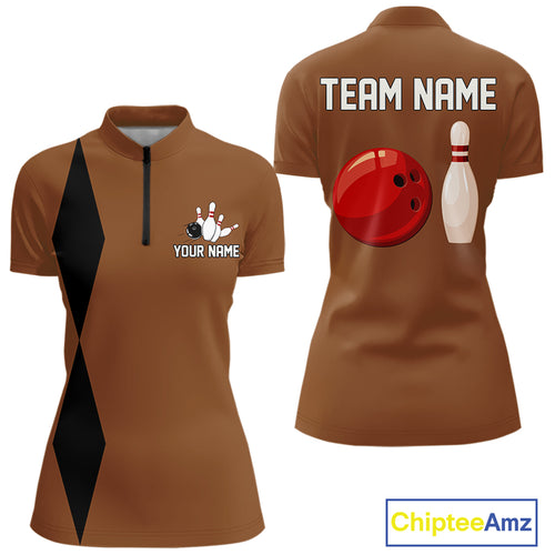 Personalized Retro Bowling Polo, 1/4 Zip Shirt For Women custom vintage bowling team jersey | Brown NQS11016