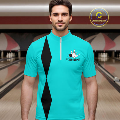 Personalized Retro Bowling Polo, 1/4 Zip Shirt For Men custom vintage bowling team jersey | Cyan Blue NQS11017