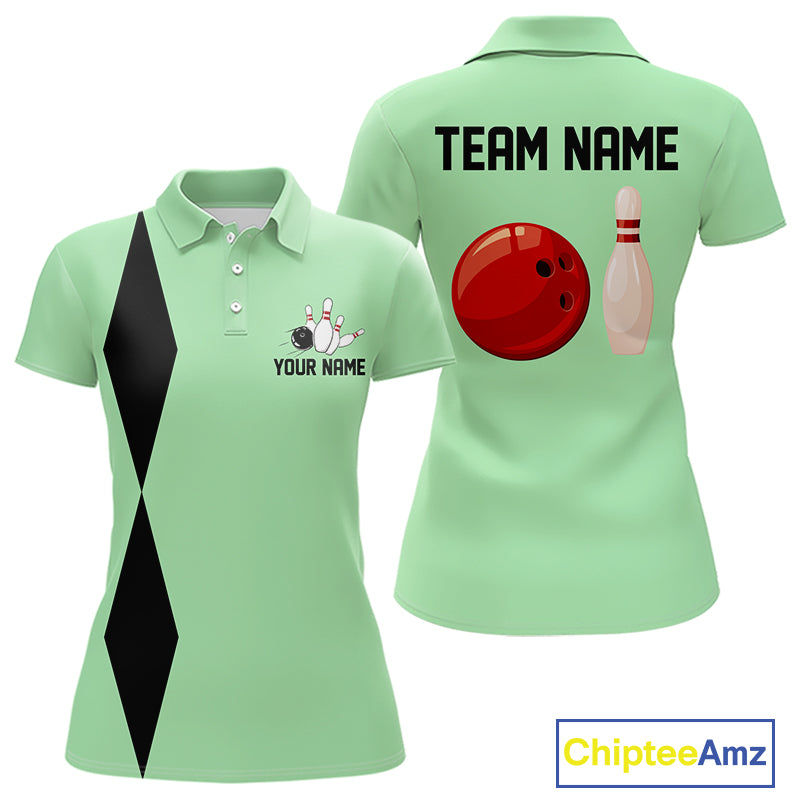 Personalized Retro Women Bowling Polo, 1/4 Zip Shirts custom vintage bowling team jersey | Mint Green NQS11018