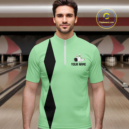 Personalized Retro Bowling Polo, 1/4 Zip Shirt For Men custom vintage bowling team jersey| Mint Green NQS11018