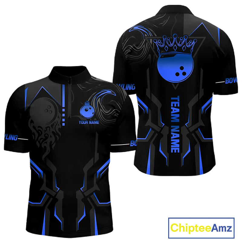 Black and Blue Bowling Polo, Quarter Zip Shirts For Men Custom Bowling Crown Team Jerseys Outfits NQS11221