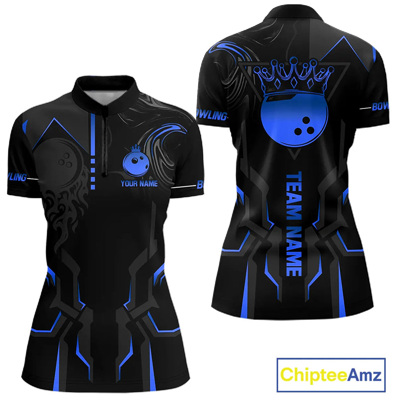 Black and Blue Bowling Polo, Quarter Zip Shirts For Women Custom Bowling Crown Team Jerseys Outfits NQS11221