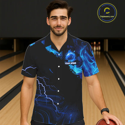 Black & Blue Flame Lightning Thunder Bowling Hawaiian Shirt Custom Bowling Team Jersey, Bowlers Gift NQS11227