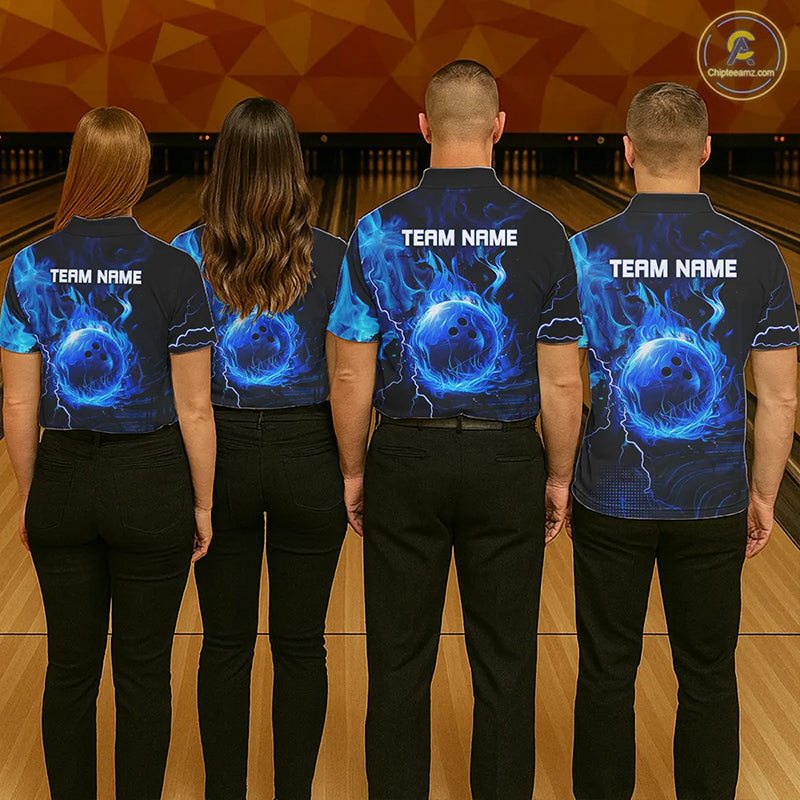 Black & Blue Flame Lightning Thunder Bowling Shirts For Men Custom Bowling Team Jersey, Bowlers Gift NQS11227