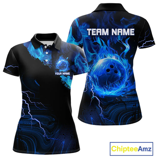 Black & Blue Flame Lightning Thunder Bowling Shirt For Women Custom Bowling Team Jersey, Bowlers Gift NQS11227