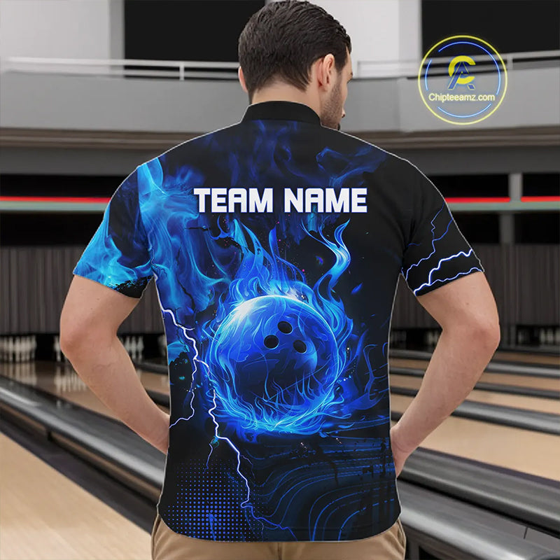 Black & Blue Flame Lightning Thunder Bowling Shirts For Men Custom Bowling Team Jersey, Bowlers Gift NQS11227