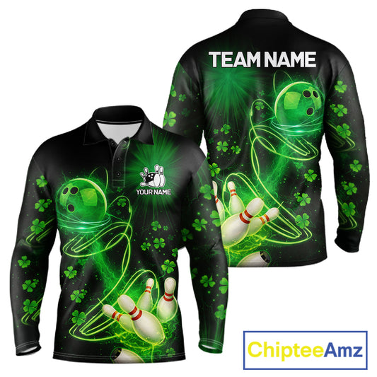 Green shamrock lightning thunder St Patrick's Day bowling shirts for men custom team bowling jerseys NQS11414
