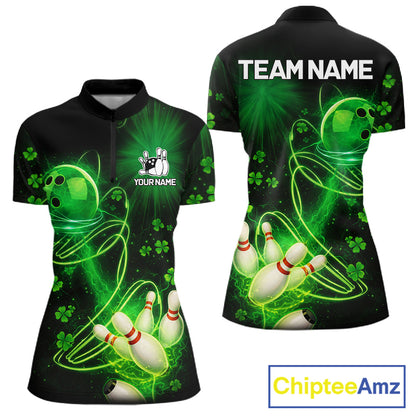 Green shamrock lightning thunder St Patrick's Day bowling shirts for women custom team bowling jersey NQS11414