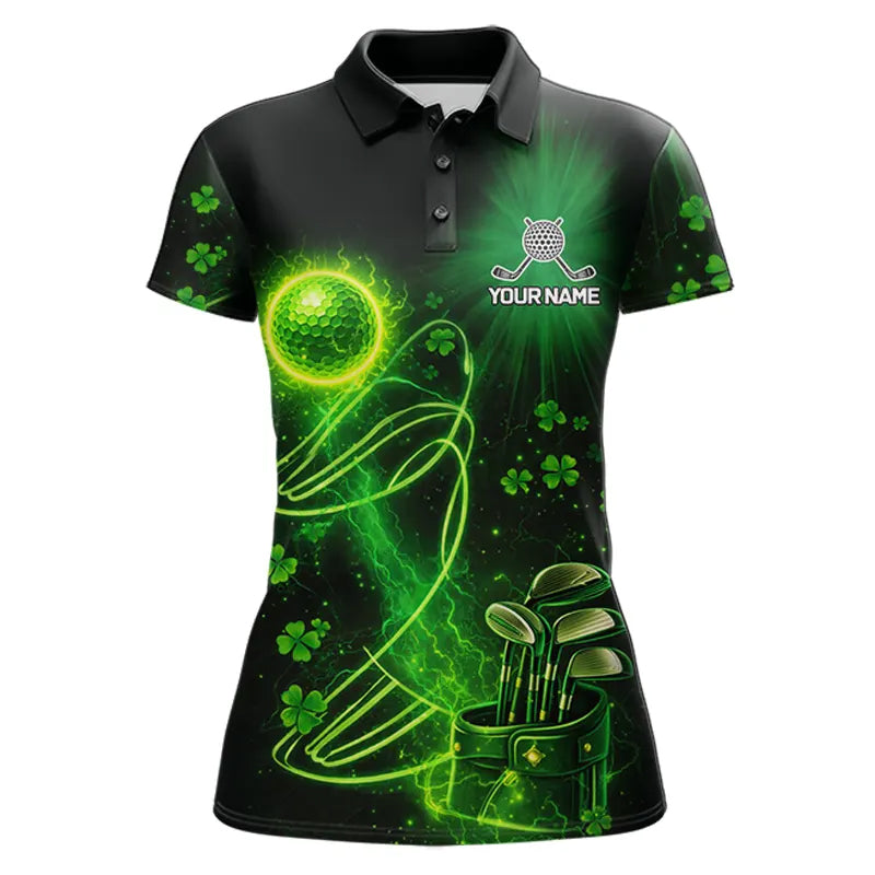 Green shamrock lightning thunder St Patrick's Day custom matching golf polo shirts for couples NQS11415