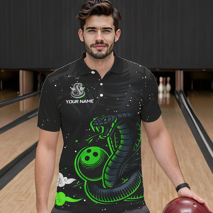Black and Green Cobra Snake Bowling Polo, Quarter Zip Shirts For Men Custom Name Bowling Team Shirts NQS9655