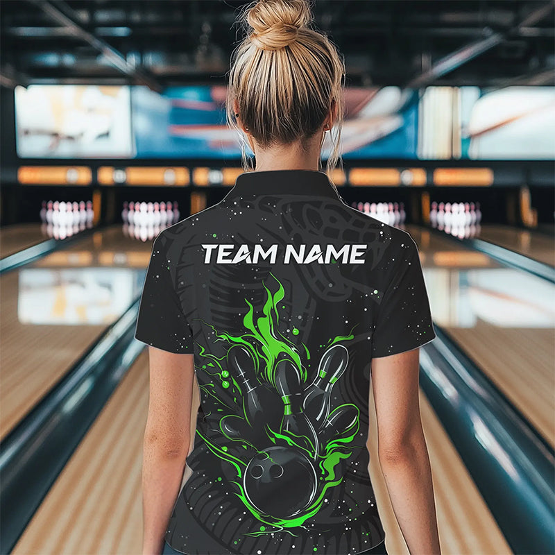 Black and Green Cobra Snake Bowling Polo, Quarter Zip Shirts For Women Custom Name Bowling Team Shirts NQS9655