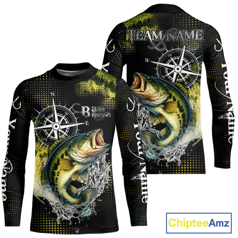 Personalized Black and Green Bass fishing scales compass Performance long sleeve Fishing Team Shirts NQS11725