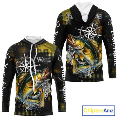 Custom Black and Yellow Walleye fishing scales compass Performance long sleeve Fishing Team Shirts NQS11726