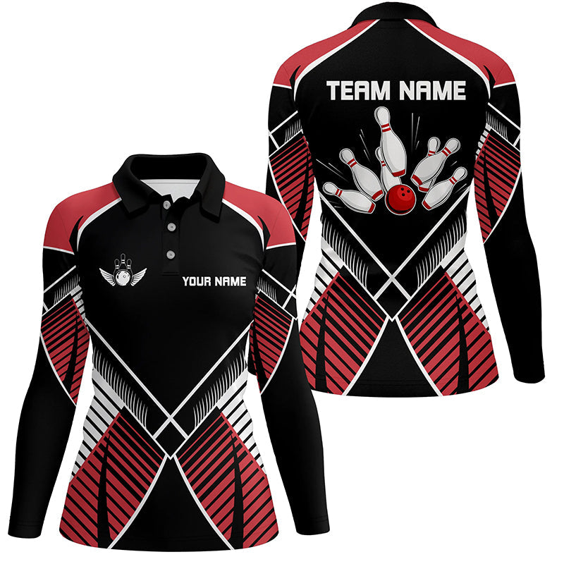 Black and Red Retro Bowling Polo, Quarter Zip shirts for women custom team bowling league jerseys NQS7794