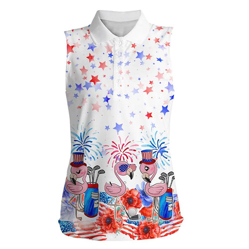 American flag Womens sleeveless polo shirt patriotic pink flamingo white ladies golf tops NQS5909