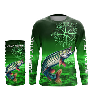 Personalized Musky Green Long Sleeve Performance Fishing Shirts, Muskie compass tournament Shirts NQS6333