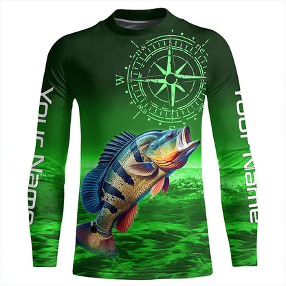 Personalized Peacock Bass Green Long Sleeve Performance Fishing Shirts, Bass compass tournament Shirts NQS6334
