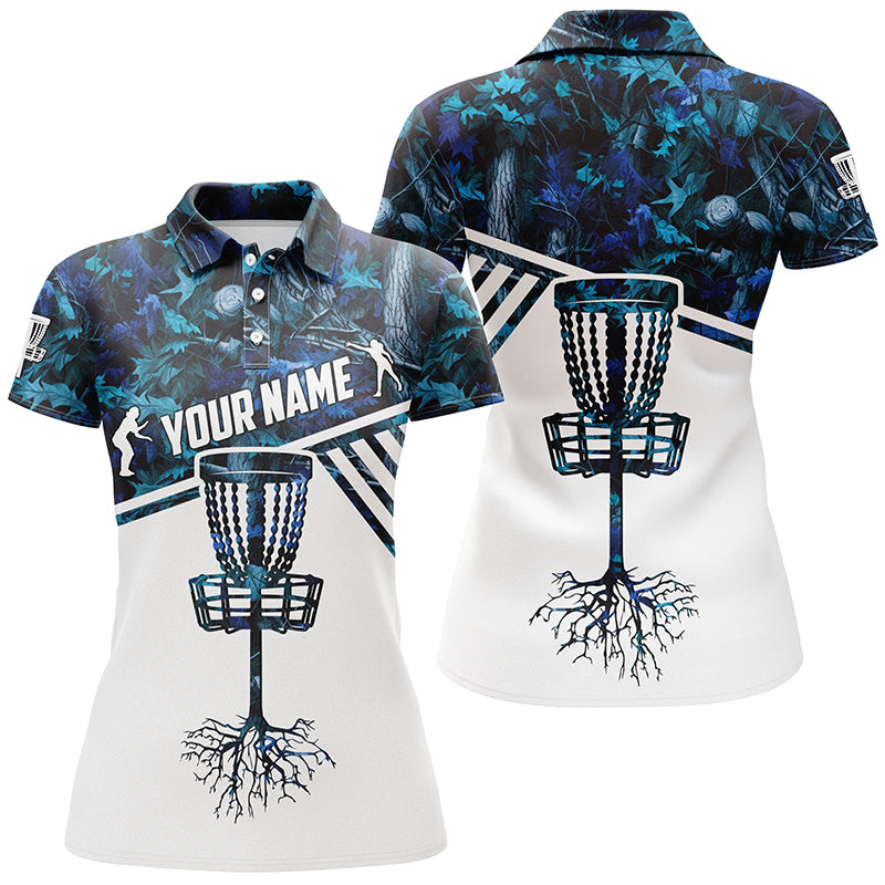 Women disc golf polo shirt blue camo custom name disc golf team shirt, disc golf gifts NQS4304