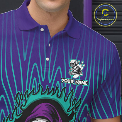 Custom Purple and Blue Flame Skull Reaper Bowling Shirts For Men, Personalized Bowling outfits men NQS11030