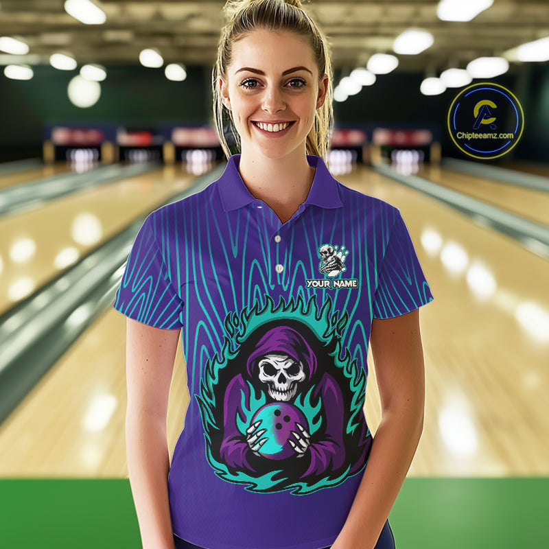 Custom Purple and Blue Flame Skull Reaper Bowling Shirts For Women, Personalized Team Bowling outfits NQS11030