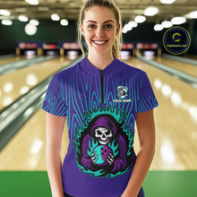 Load image into Gallery viewer, Custom Purple and Blue Flame Skull Reaper Bowling Shirts For Women, Personalized Team Bowling outfits NQS11030