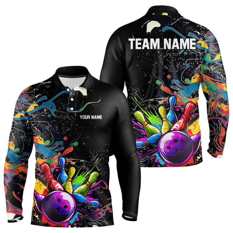 Colorful Splash Bowling Polo, Quarter Zip Shirt for Men Custom Bowling Team shirts for bowlers NQS9146