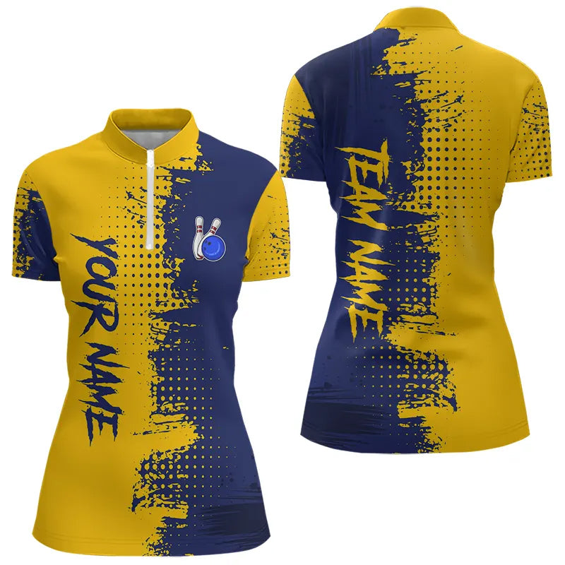 Blue and Yellow Bowling Polo, Quarter Zip shirts for Women Custom Bowling Team Jerseys NQS9354