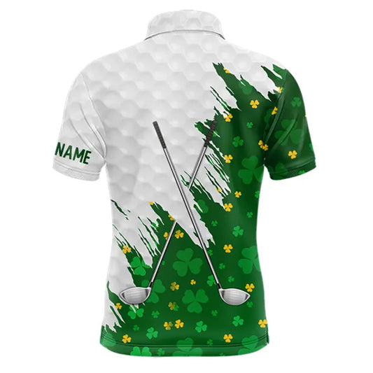 Green clover pattern St Patrick's day custom white Mens golf polo shirts, team mens golf tops NQS11421