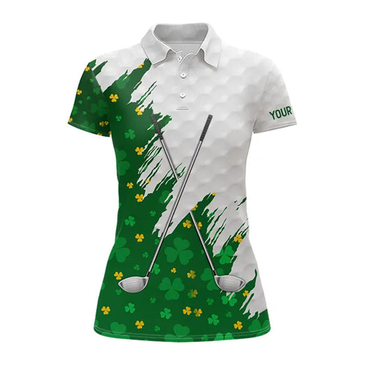Green clover pattern St Patrick's day custom white Womens golf polo shirts, team ladies golf tops NQS11421