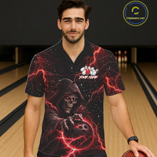 Load image into Gallery viewer, Custom Black And Red Lightning Thunder Skull Reaper Bowling Button-up Shirt, Hawaiian Bowling Jerseys NQS11623
