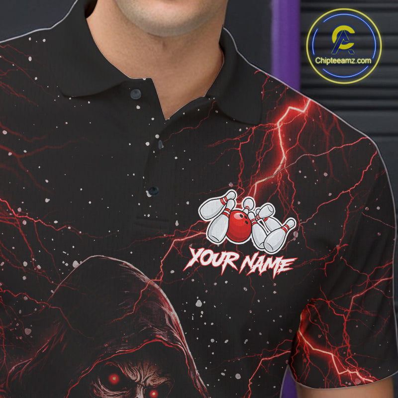 Custom Black And Red Lightning Thunder Skull Reaper Bowling Shirts For Men, Bowling Team Jerseys NQS11623