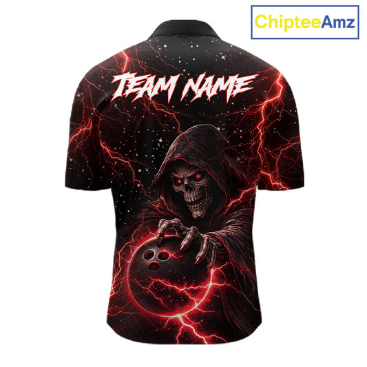 Custom Black And Red Lightning Thunder Skull Reaper Bowling Shirts For Men, Bowling Team Jerseys NQS11623