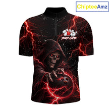 Load image into Gallery viewer, Custom Black And Red Lightning Thunder Skull Reaper Bowling Shirts For Men, Bowling Team Jerseys NQS11623