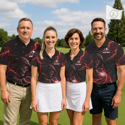 Custom Black And Red Lightning Thunder Skull Reaper Womens Golf Polo Shirt, ladies golf apparel NQS11624