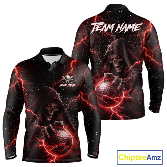 Custom Black And Red Lightning Thunder Skull Reaper Mens Golf Polo Shirt, men's golf apparel NQS11624