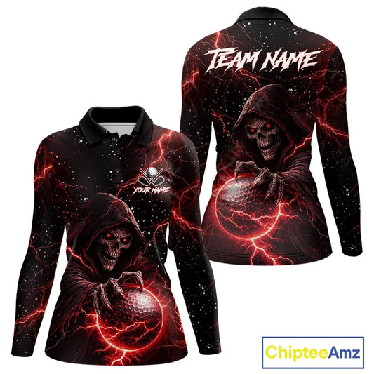 Custom Black And Red Lightning Thunder Skull Reaper Womens Golf Polo Shirt, ladies golf apparel NQS11624
