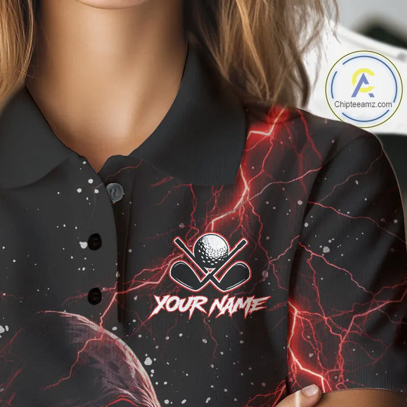 Custom Black And Red Lightning Thunder Skull Reaper Womens Golf Polo Shirt, ladies golf apparel NQS11624