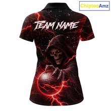 Load image into Gallery viewer, Custom Black And Red Lightning Thunder Skull Reaper Womens Golf Polo Shirt, ladies golf apparel NQS11624
