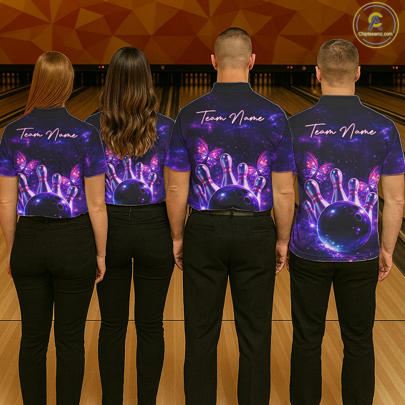 Custom Purple Galaxy Butterfly Bowling Shirts For Men, Bowling Team Shirt With Butterflies NQS11627