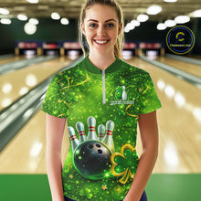 Load image into Gallery viewer, Happy St Patrick's Day Green and Gold Shamrock Bowling Shirts For Women Custom Team Bowling Jersey NQS11630