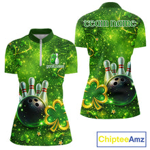 Load image into Gallery viewer, Happy St Patrick's Day Green and Gold Shamrock Bowling Shirts For Women Custom Team Bowling Jersey NQS11630