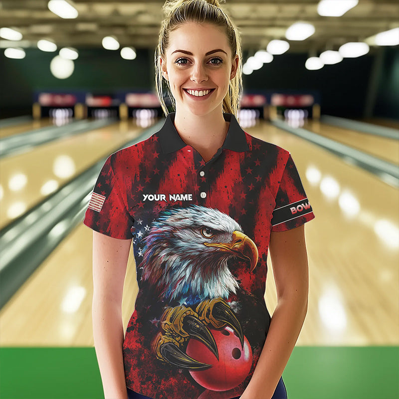 American Flag Eagle Bowling Polo, 1/4 Zip Shirts For Women Custom Name Patriotic Bowling Team Jersey NQS9660