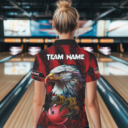 American Flag Eagle Bowling Polo, 1/4 Zip Shirts For Women Custom Name Patriotic Bowling Team Jersey NQS9660