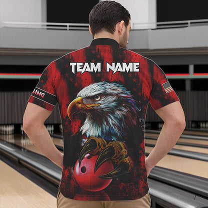 American Flag Eagle Bowling Polo, Quarter Zip Shirts For Men Custom Name Patriotic Bowling Team Jersey NQS9660