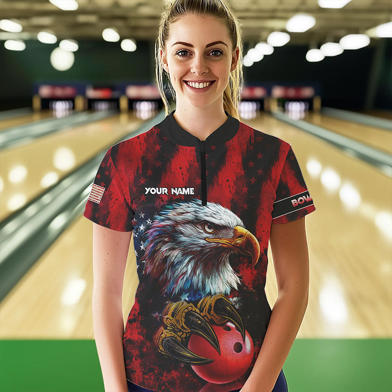 American Flag Eagle Bowling Polo, 1/4 Zip Shirts For Women Custom Name Patriotic Bowling Team Jersey NQS9660