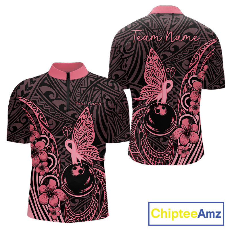 Black and Pink tropical tribal pattern butterfly Bowling Shirts For Men Custom Bowling Team Jerseys NQS11731
