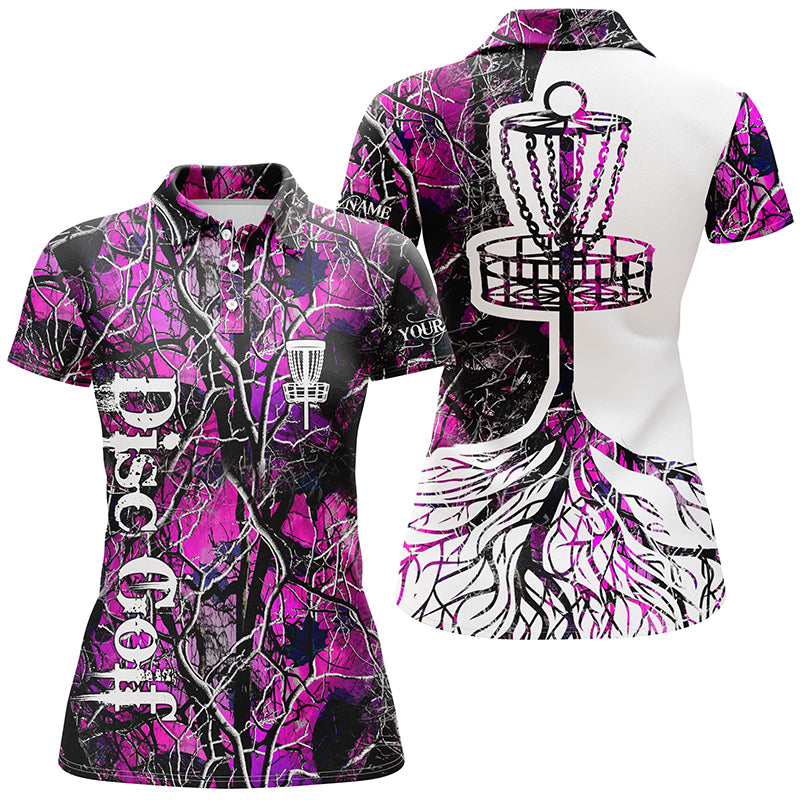 Womens disc golf polo shirt custom name pink camo disc golf basket, personalized disc golf shirts NQS5695