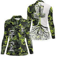 Load image into Gallery viewer, Womens disc golf polo shirt custom name green camo disc golf basket, personalized disc golf shirts NQS5697